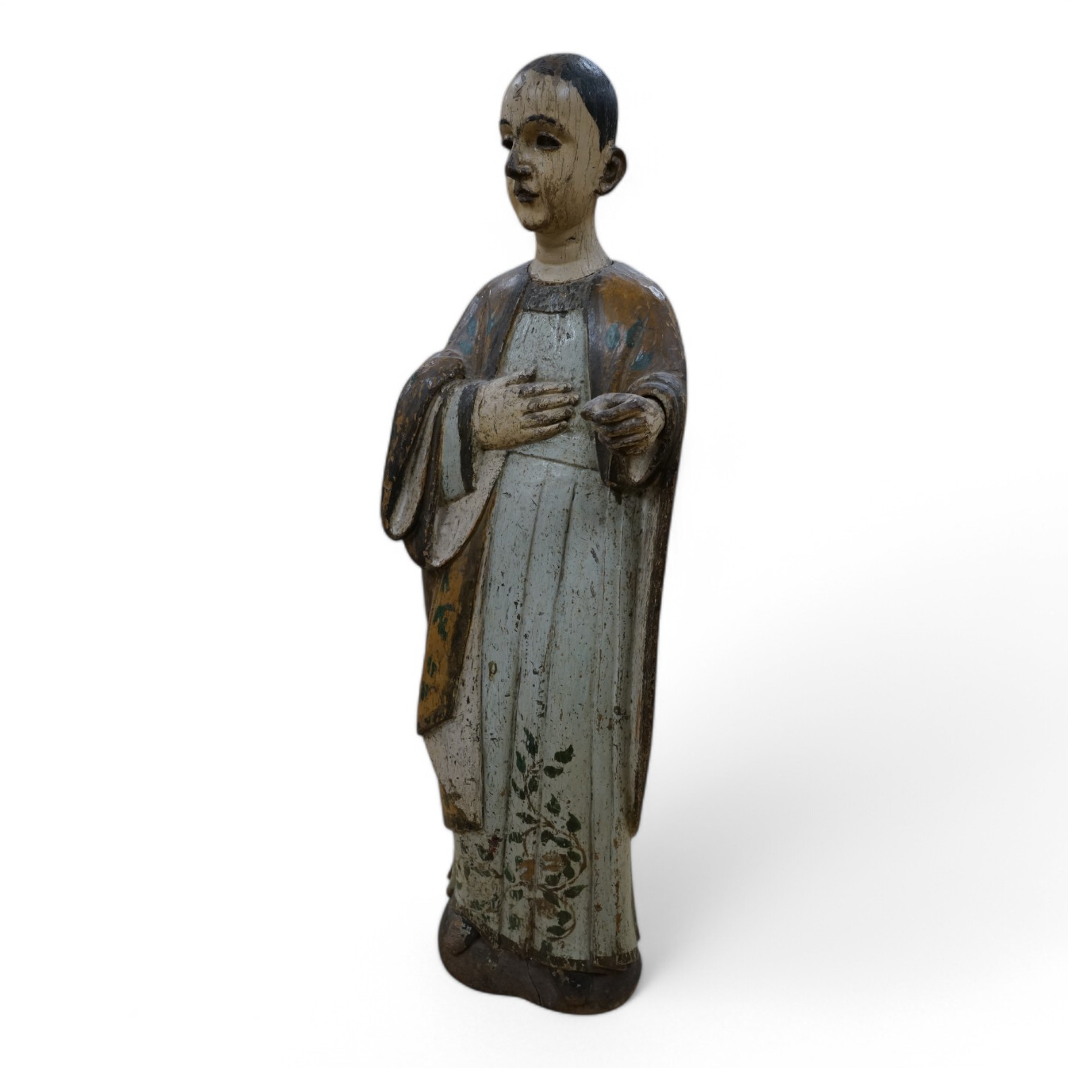 An 18th century Continental polychrome painted wooden religious figure, 64cm high. Condition - paint worn